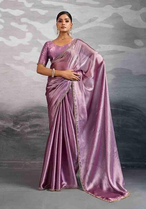 Lavender Embellished Silk Saree Set