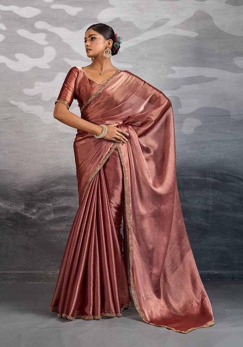 Rust Embellished Silk Saree Set