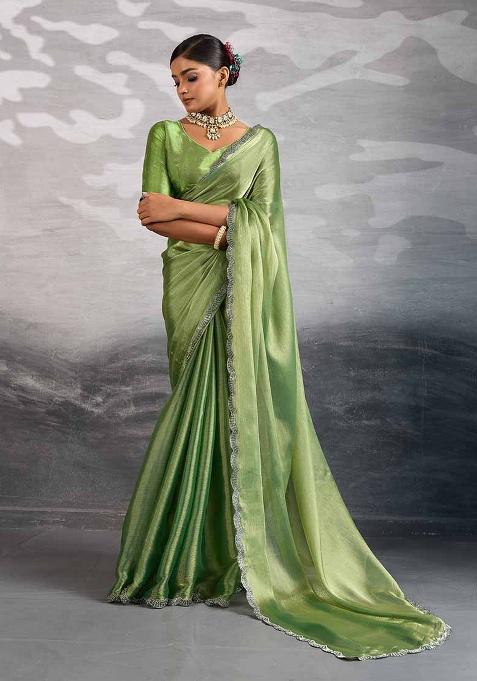 Green Embellished Chiffon Saree Set