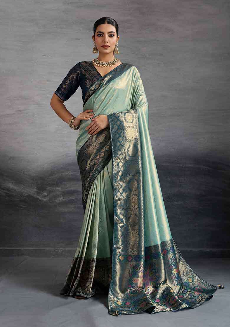 Turquoise Zari Woven Silk Blend Saree Set - Indya