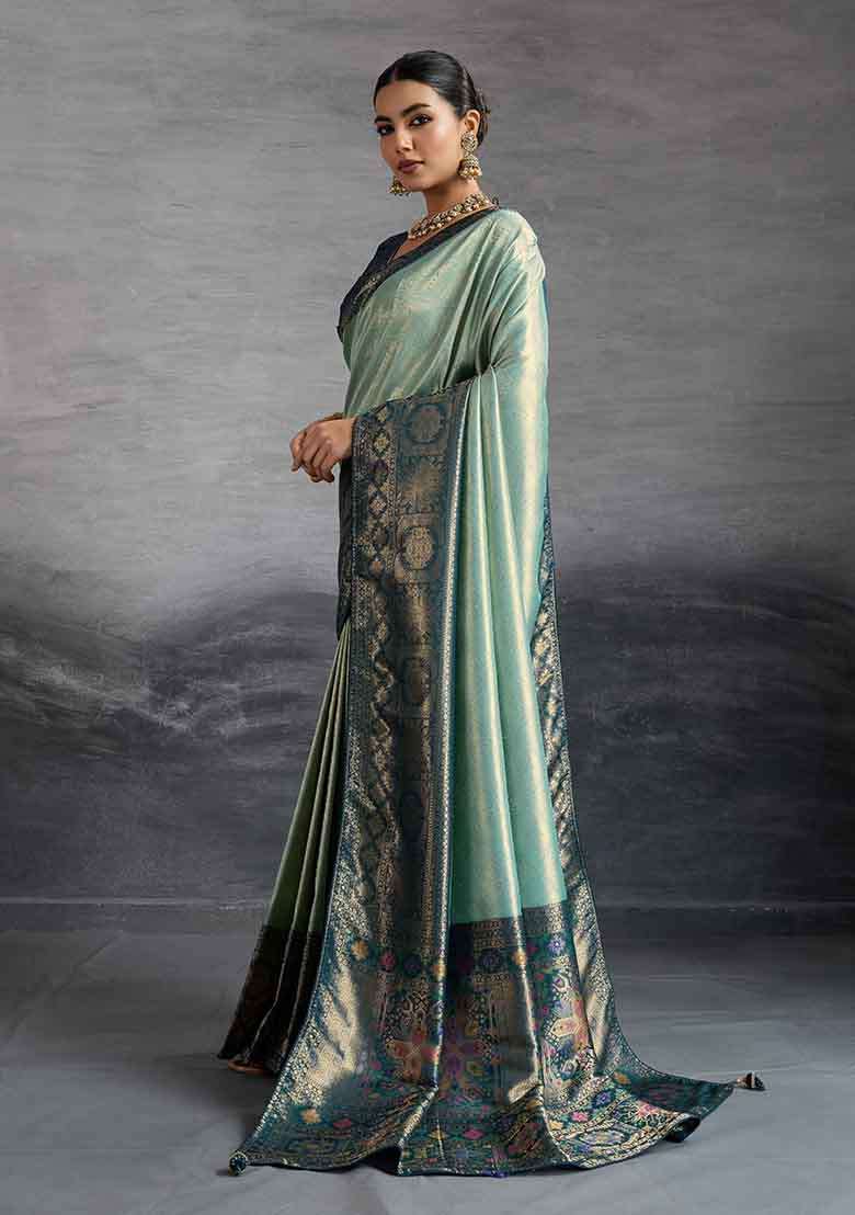 Turquoise Zari Woven Silk Blend Saree Set - Indya
