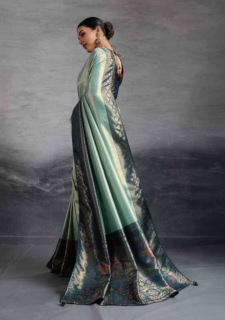 Turquoise Zari Woven Silk Blend Saree Set - Indya