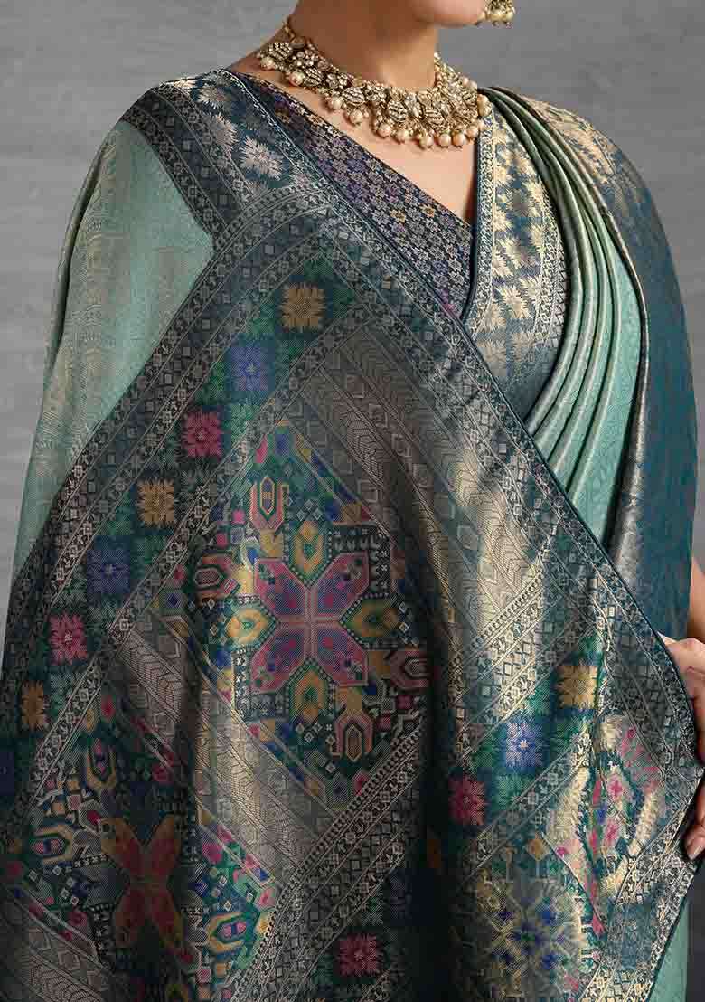 Turquoise Zari Woven Silk Blend Saree Set - Indya