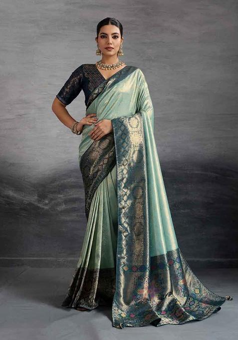 Turquoise Zari Woven Silk Saree Set