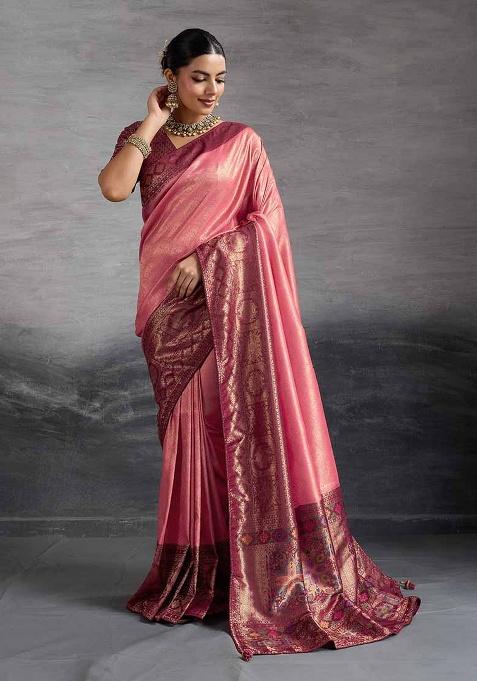 Pink Zari Woven Silk Saree Set