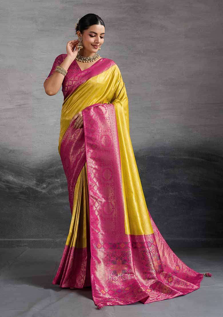 Yellow Zari Woven Silk Blend Saree Set - Indya