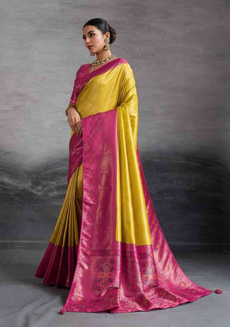 Yellow Zari Woven Silk Blend Saree Set - Indya