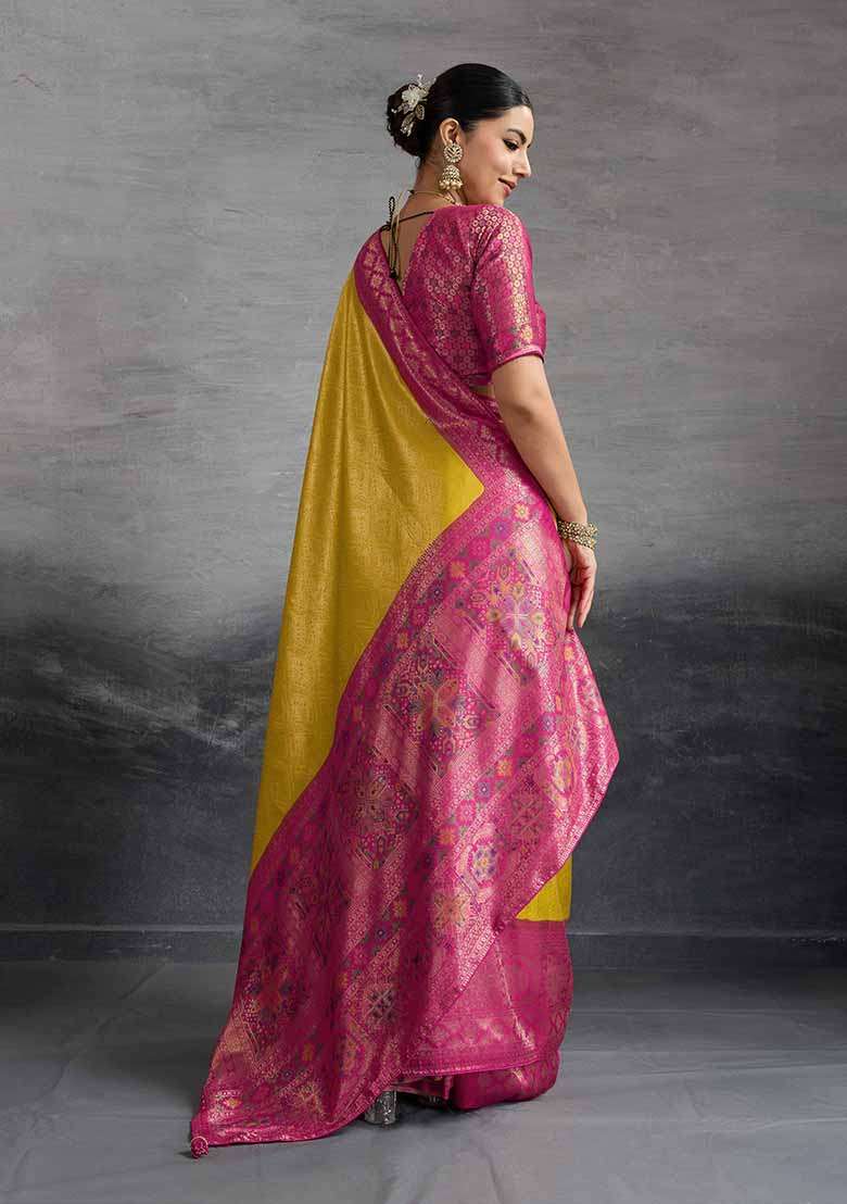 Yellow Zari Woven Silk Blend Saree Set - Indya