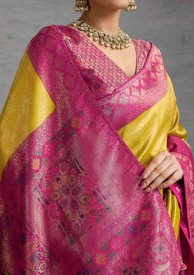 Yellow Zari Woven Silk Blend Saree Set - Indya