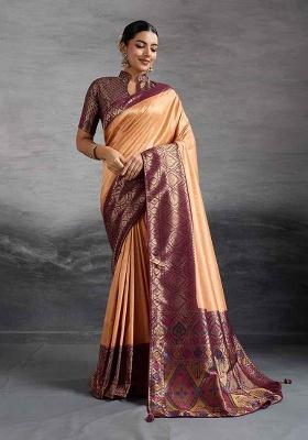 Peach Zari Woven Silk Saree Set