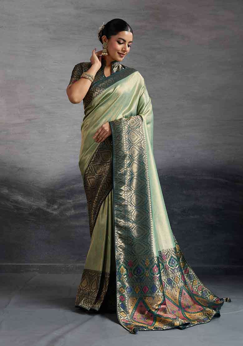 Turquoise Zari Woven Silk Blend Saree Set - Indya
