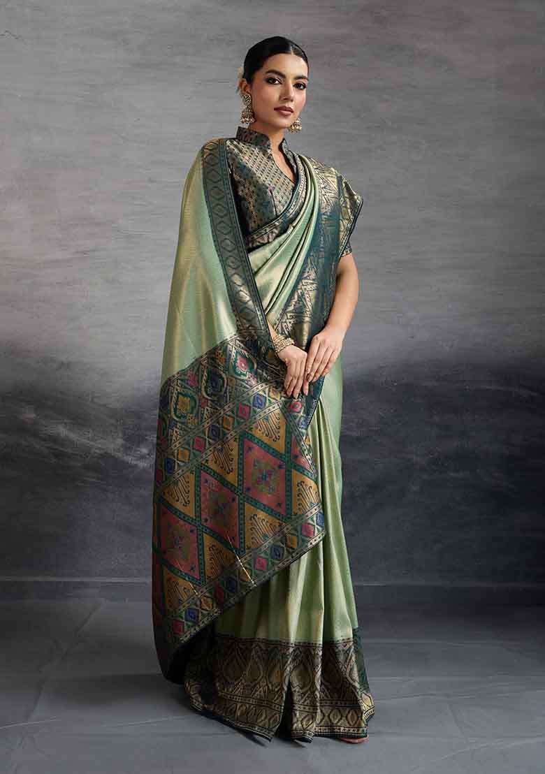 Turquoise Zari Woven Silk Blend Saree Set - Indya