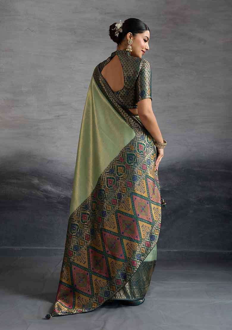 Turquoise Zari Woven Silk Blend Saree Set - Indya