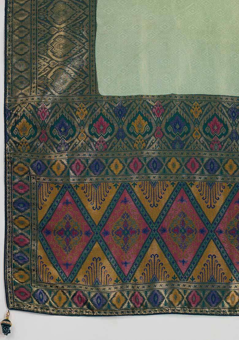 Turquoise Zari Woven Silk Blend Saree Set - Indya