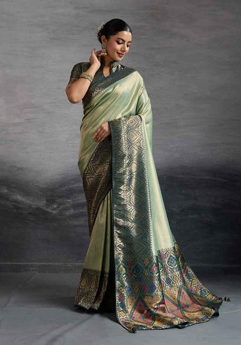 Turquoise Zari Woven Silk Saree Set
