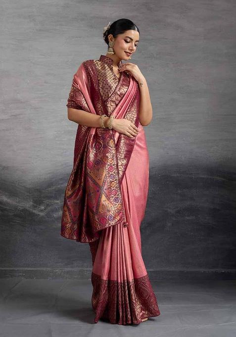 Pink Zari Woven Silk Saree Set