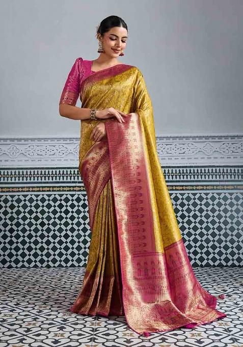 Yellow Zari Woven Silk Saree Set