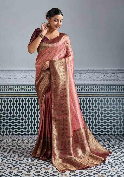 Pink Zari Woven Silk Saree Set
