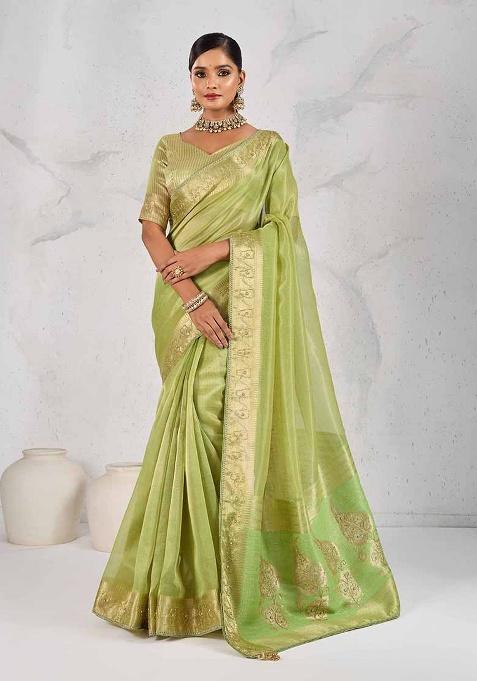 Green Woven Tissue Saree Set