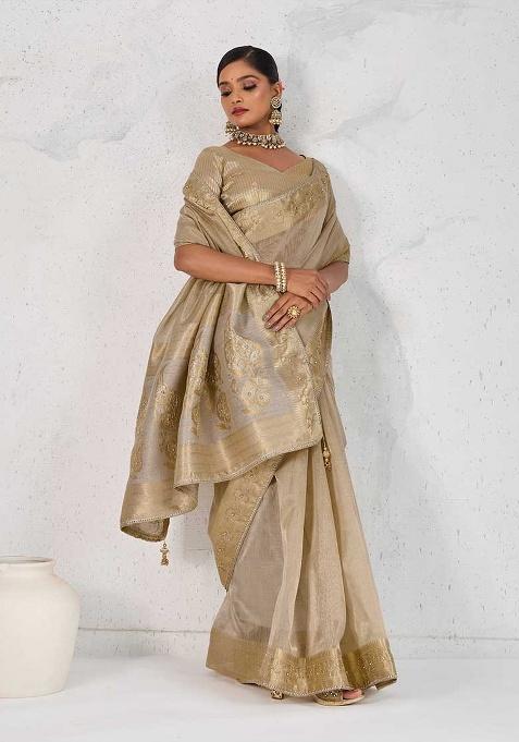Beige Woven Tissue Saree Set