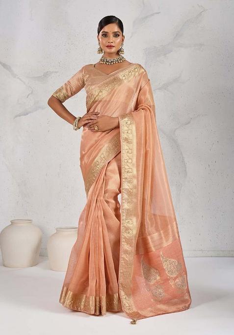 Peach Woven Tissue Saree Set
