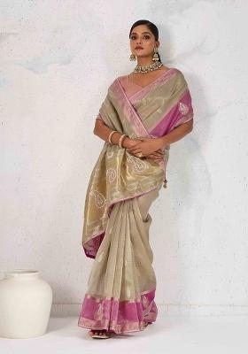 Beige Woven Tissue Saree Set