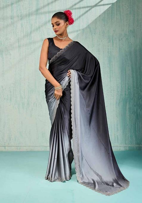 Black Embellished Satin Saree Set