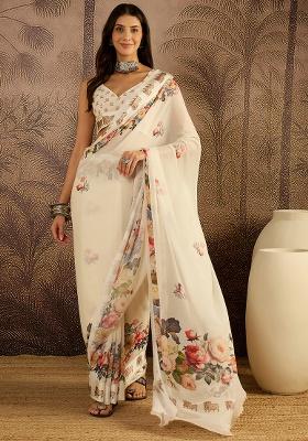 Cream Printed Georgette Saree Set