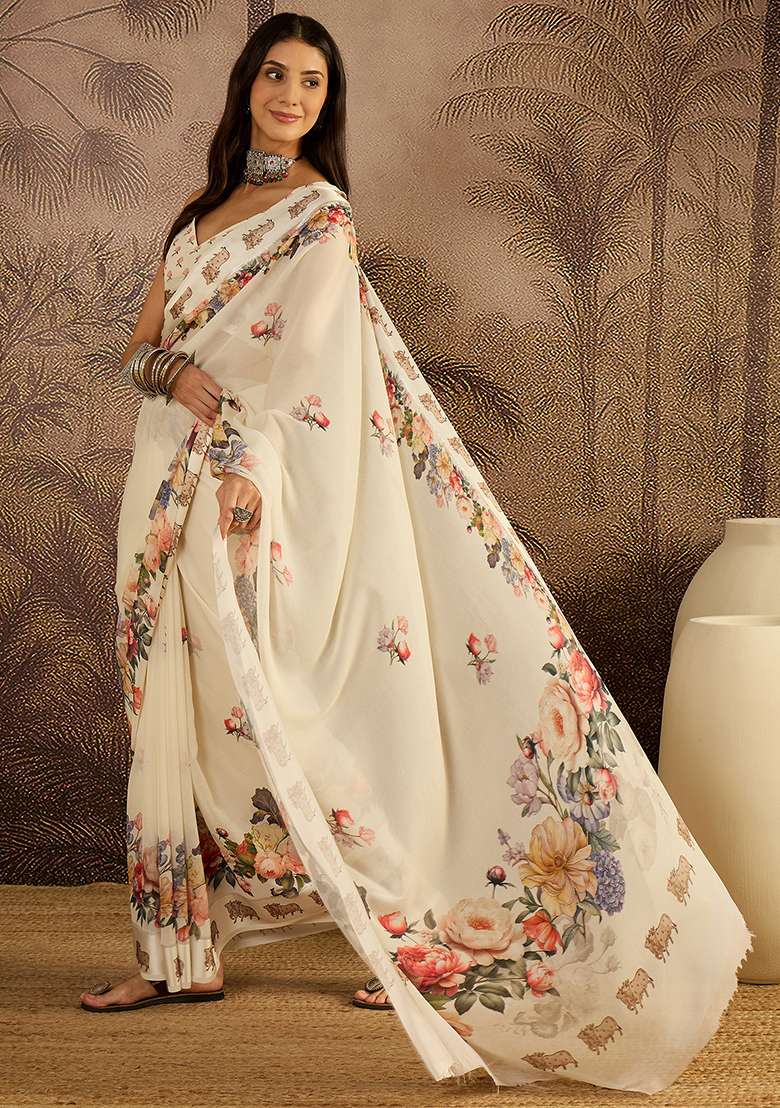 Cream Printed Georgette Saree Set - Indya