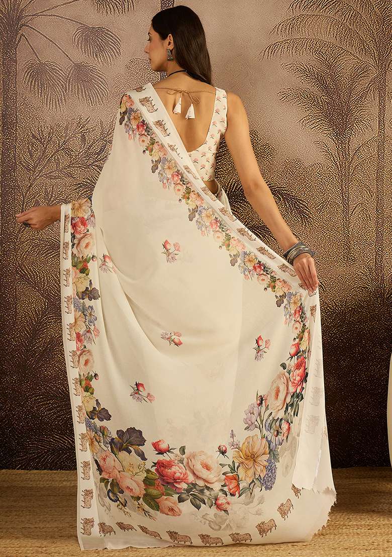 Cream Printed Georgette Saree Set - Indya