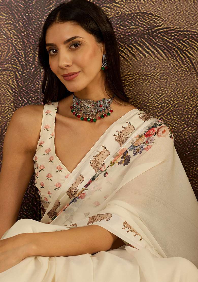 Cream Printed Georgette Saree Set - Indya