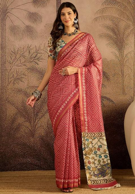 Pink Bandhni Chanderi Saree Set