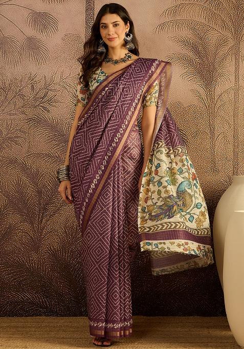 Mauve Bandhni Chanderi Saree Set