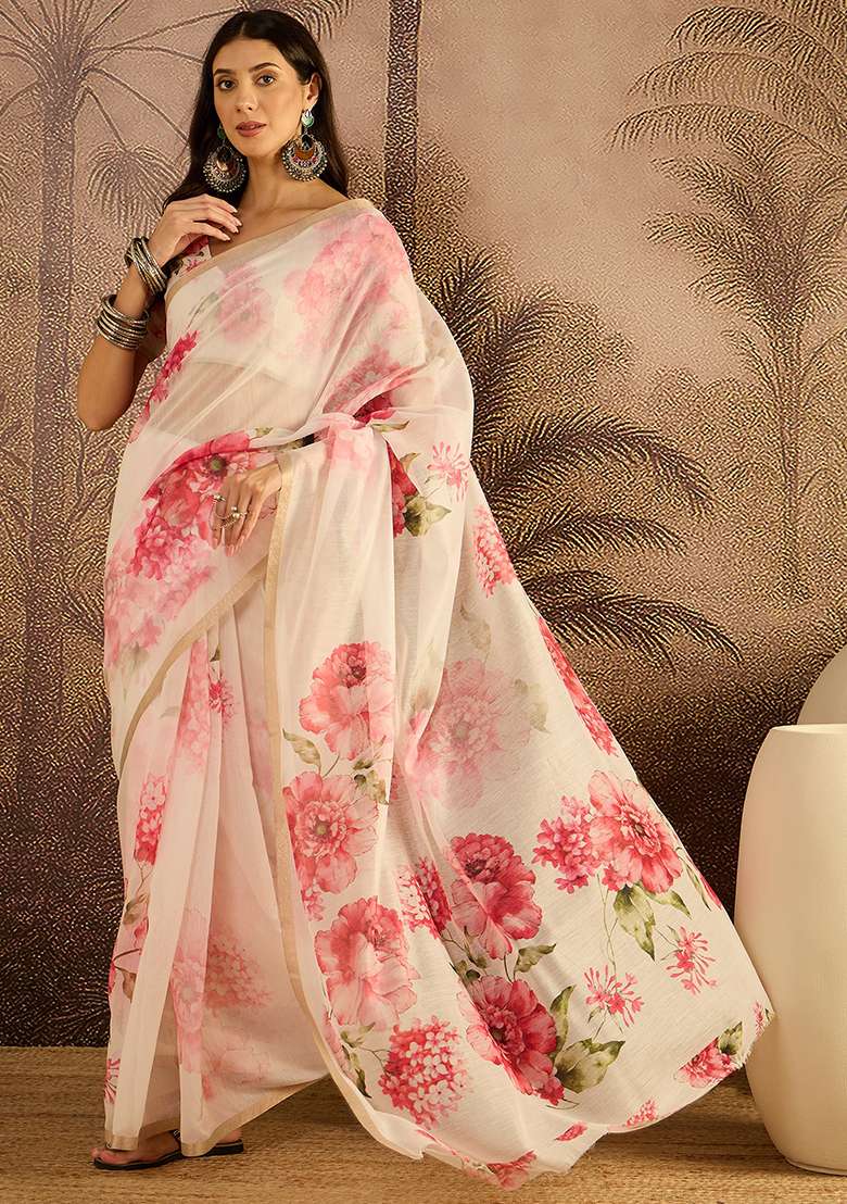 Cream Printed Cotton Saree Set - Indya