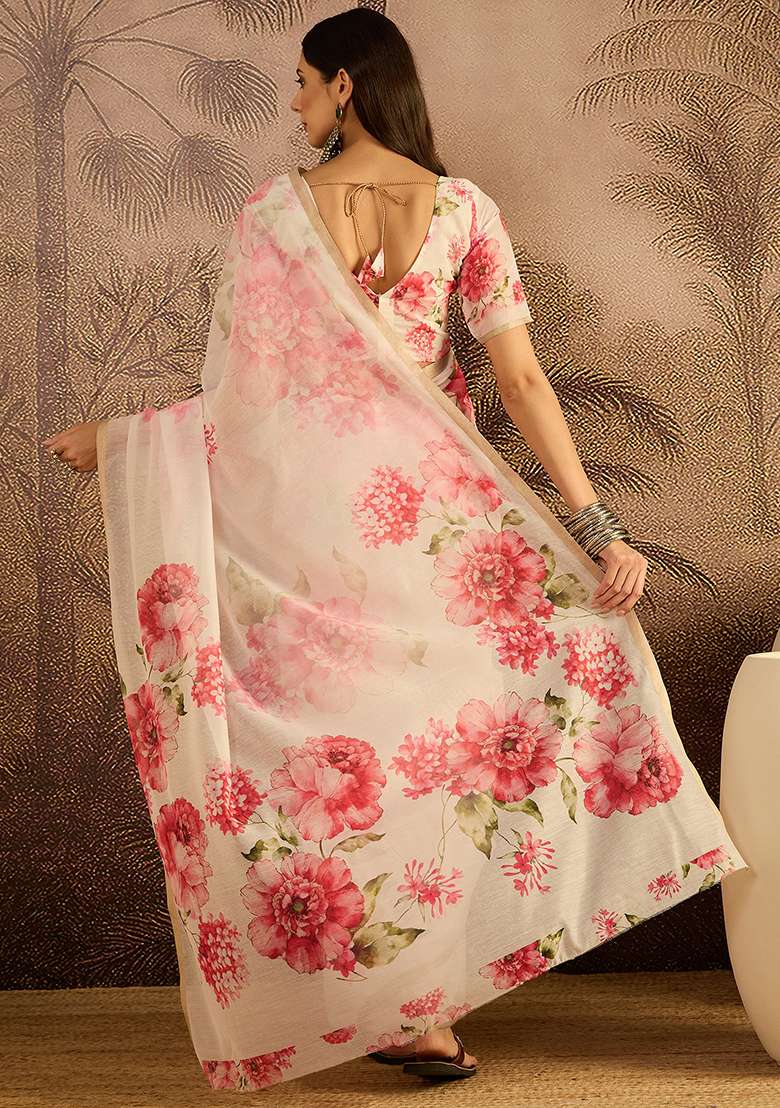 Cream Printed Cotton Saree Set - Indya