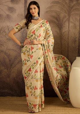 Beige Printed Silk Saree Set