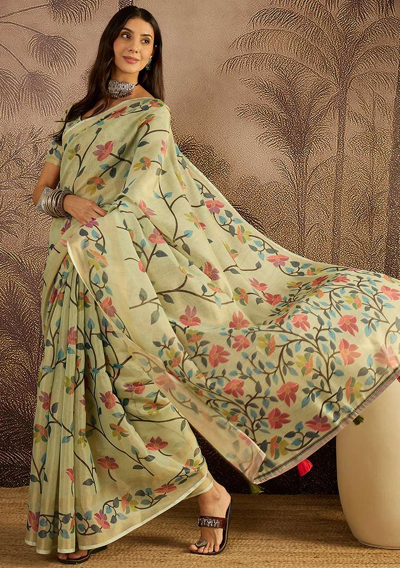 Pista Printed Silk Blend Saree Set - Indya