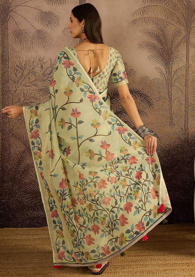Pista Printed Silk Blend Saree Set - Indya
