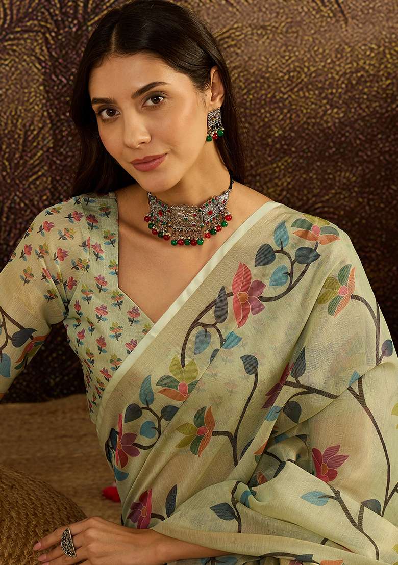 Pista Printed Silk Blend Saree Set - Indya