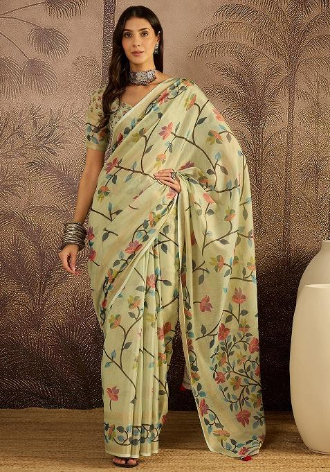 Pista Printed Silk Saree Set