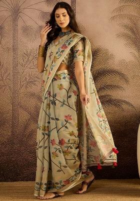 Cream Printed Silk Saree Set