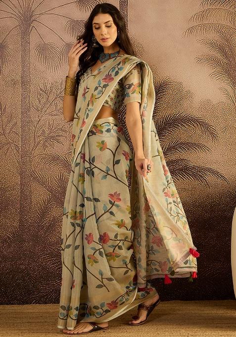 Cream Printed Silk Saree Set