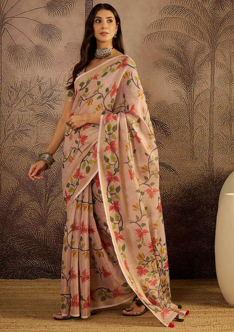 Peach Printed Silk Blend Saree Set - Indya