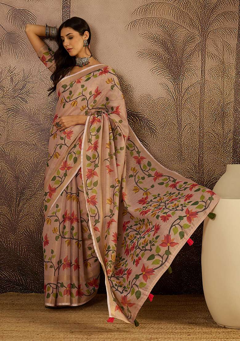 Peach Printed Silk Blend Saree Set - Indya