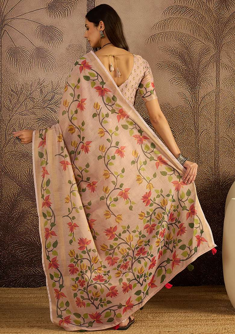Peach Printed Silk Blend Saree Set - Indya