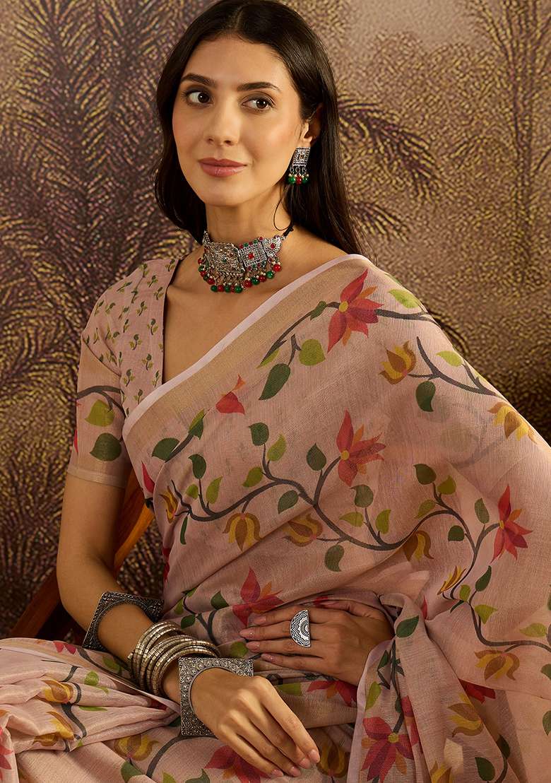 Peach Printed Silk Blend Saree Set - Indya