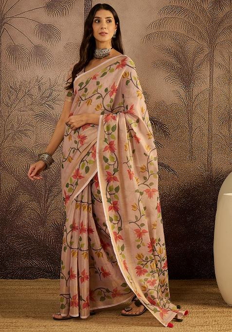 Peach Printed Silk Saree Set
