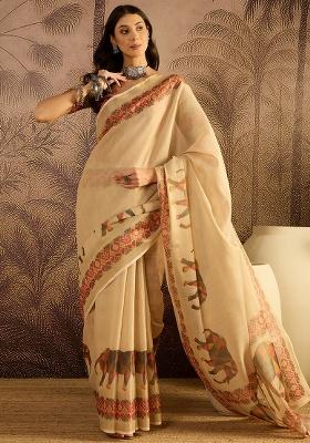Beige Printed Silk Saree Set