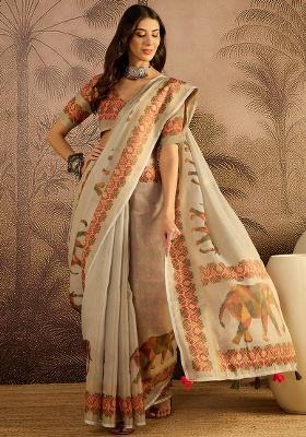 Cream Printed Silk Saree Set
