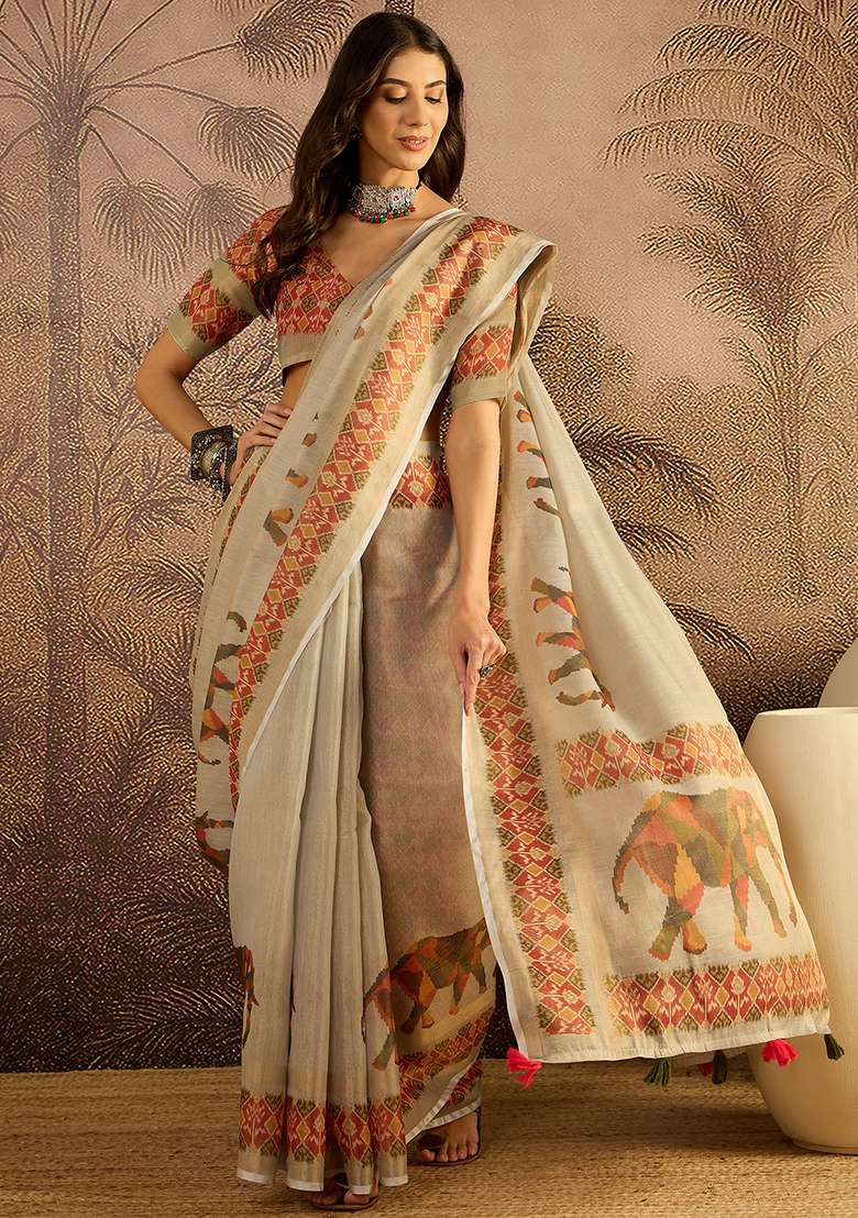 Cream Printed Silk Blend Saree Set - Indya